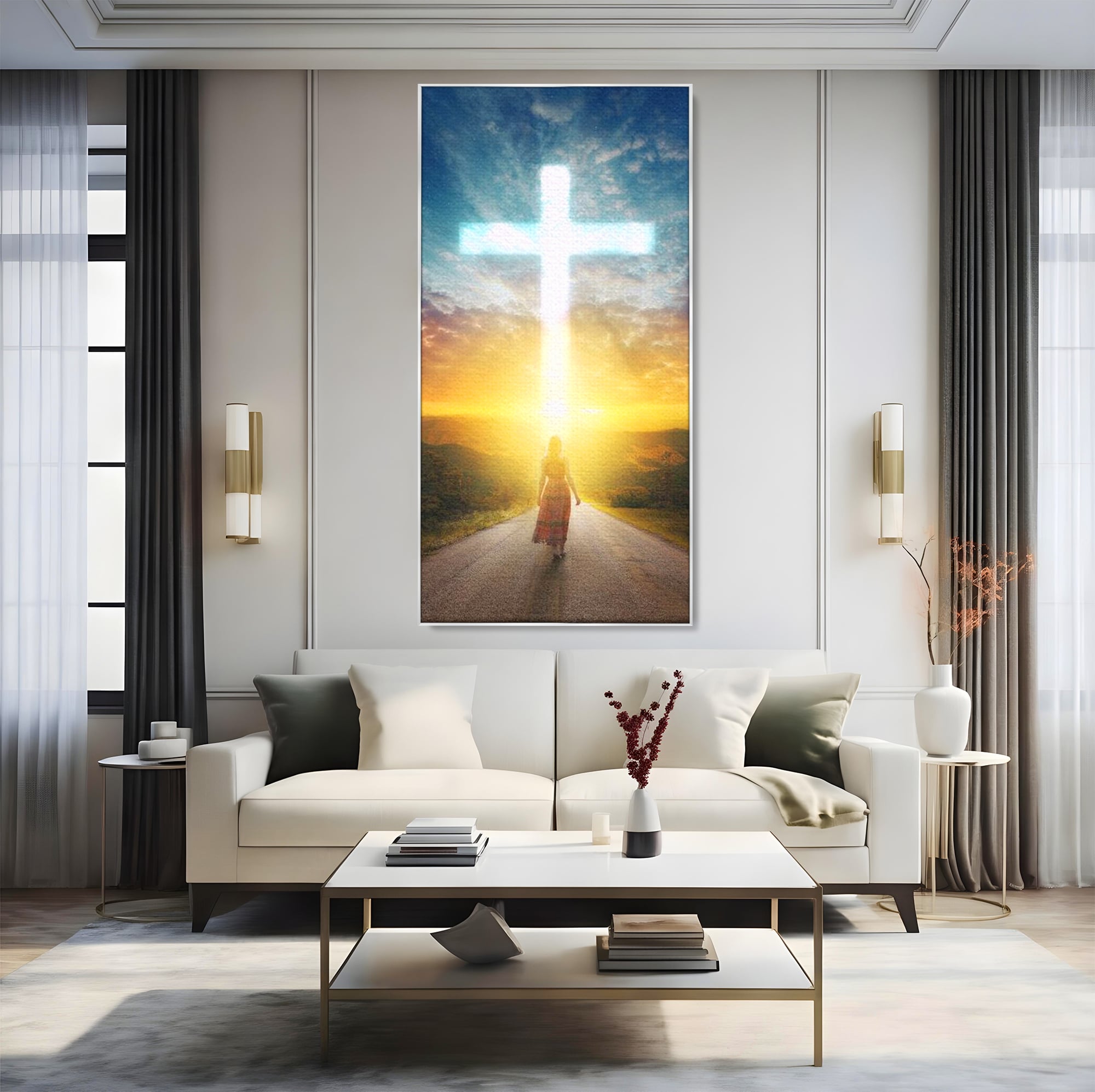 Tablou canvas cu tablou canvas cu o femeie pe drum spre o cruce luminoasa, in rama de aluminiu argintiu, pe perete intr-un living